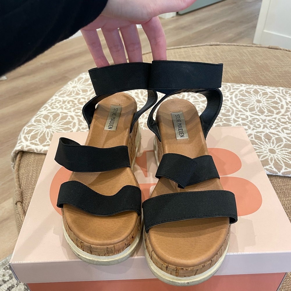 Steve Madden Black and Tan Wedge Sandals